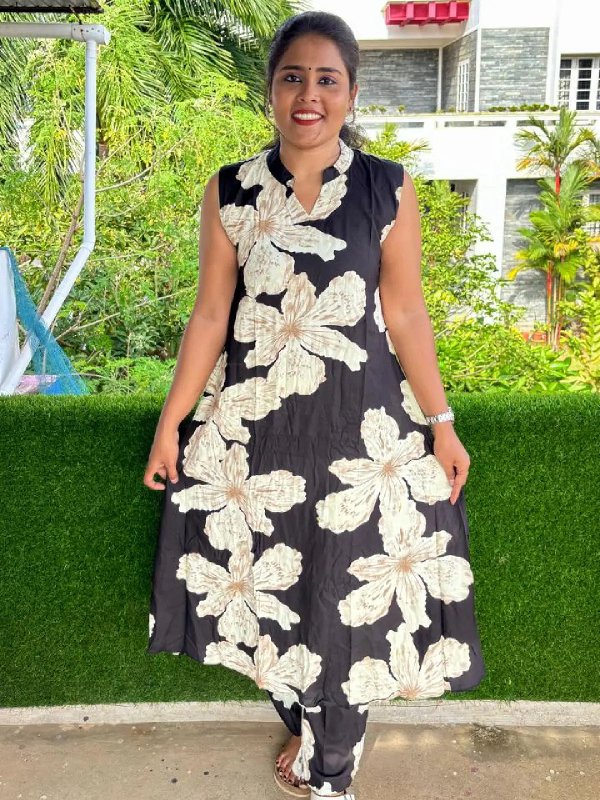 Black Floral Aline Kurti Set
